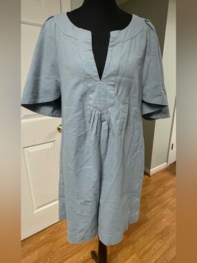 Pomander Place Tuckernuck Blue 100% Cotton V-Neck Flutter Sleeve Shift Dress. S